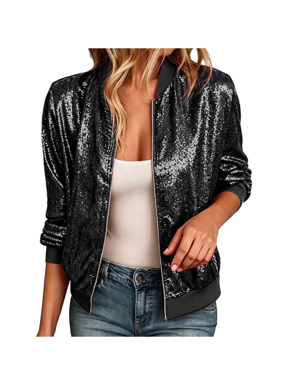 Women's Sequin Bomber Jacket, Stand Collar Zip Up Long Sleeve Glitter Fashion Party Outerwear Black M