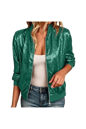 Women's Sequin Bomber Jacket, Zip Up Stand Collar Long Sleeve Glitter Fashion Party Outerwear Green L