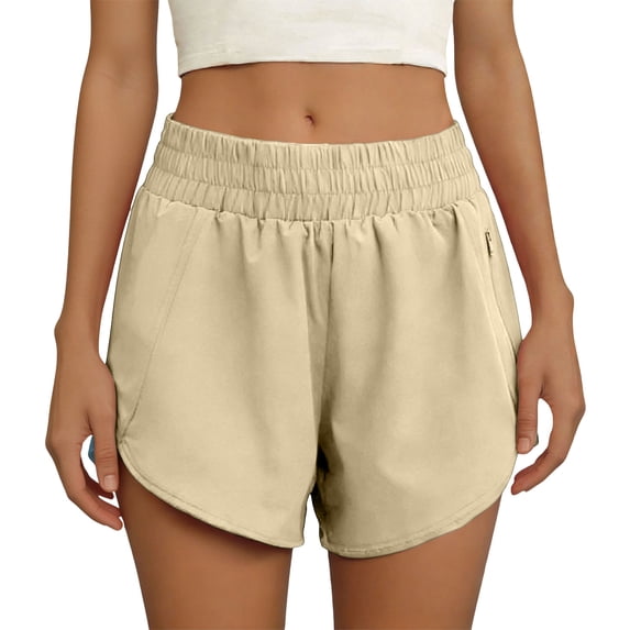 JUUNthy Womens Active Shorts, Zipper Pockets Qucik Dry Elastic Waist Running Athletic Workout Shorts Beige XL