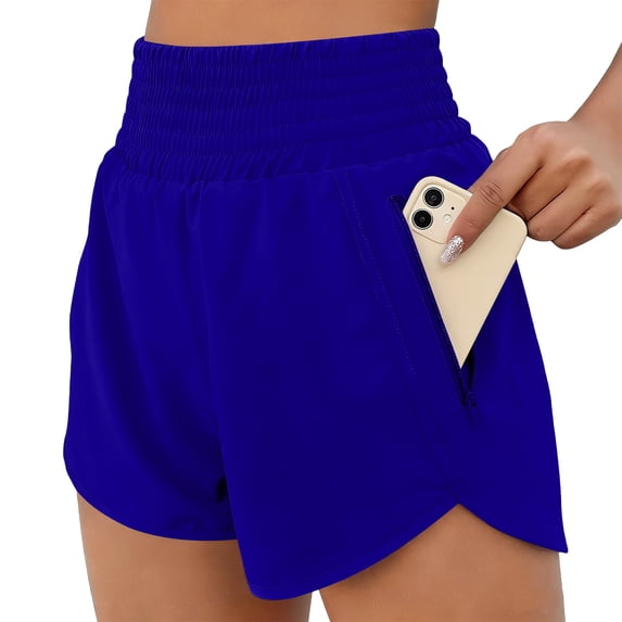 JUUNthy Womens Athletic Shorts, Zipper Pockets High Waist Active Fit Running Workout Shorts Blue 2XL
