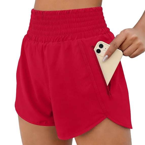 JUUNthy Womens Athletic Shorts, Zipper Pockets High Waist Active Fit Running Workout Shorts rose red XL