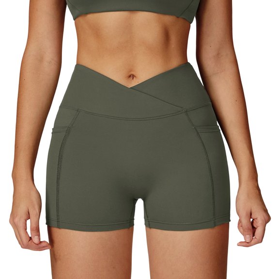 JUUNthy Womens Biker Shorts, Seamless Butt Lift High Waist with Pocekts Yoga Running Workout Leggings Green M