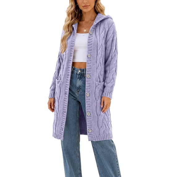 JUUNthy Womens Cable Knit Cardigan, Long Sleeve Hooded Button Front Casual Fall Winter Sweater Coat Purple S