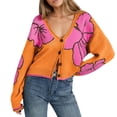 thumbnail image 1 of JUUNthy Womens Cardigan Sweater, Floral Knit V Neck Long Sleeve Casual Loose Cropped Sweater Outerwear Orange M, 1 of 11