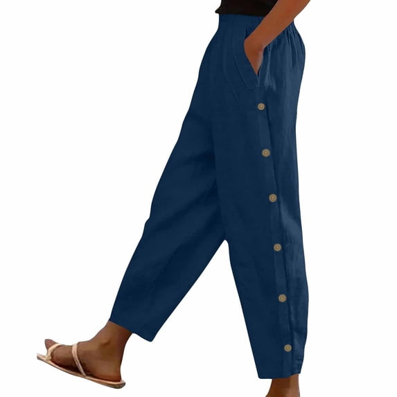 JUUNthy Womens Cropped Pants, Straight Leg Side Buttons with Pockets Spring Summer Trendy Casual Pants Dark Blue XL