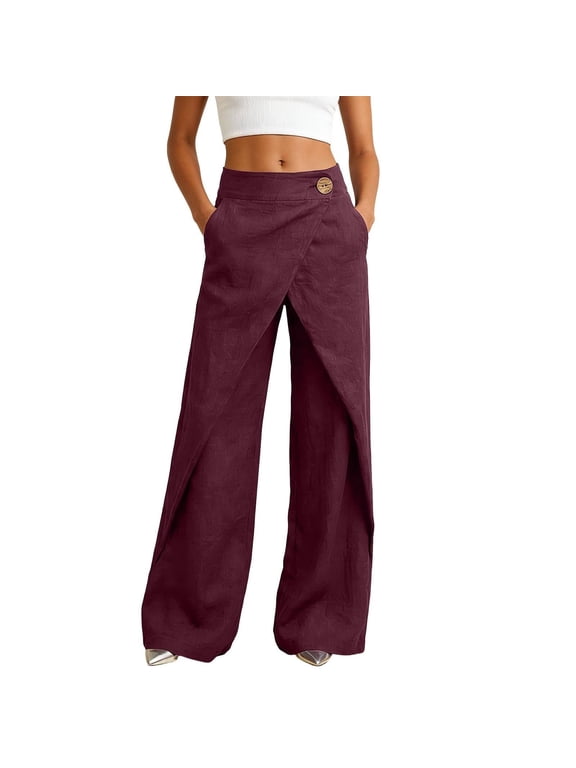 Womens Cross Front Palazzo Pants, High Waist Wide Leg Loose with Pockets 2026 Casual Fashion Vacation Pants Burgundy S