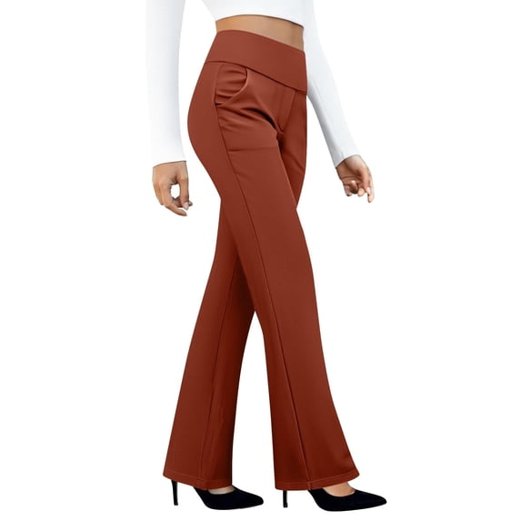 JUUNthy Womens Dress Pants, Flat Front Straight Leg Stretchy High Waist Business Works Trousers with Pockets Brown M