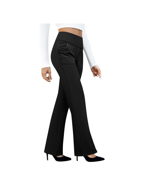 Womens Dress Pants, Straight Leg Flat Front Stretchy High Waist Business Works Trousers with Pockets Black 2XL