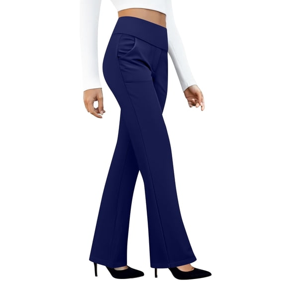 JUUNthy Womens Dress Pants, Straight Leg Flat Front Stretchy High Waist Business Works Trousers with Pockets Dark Blue L