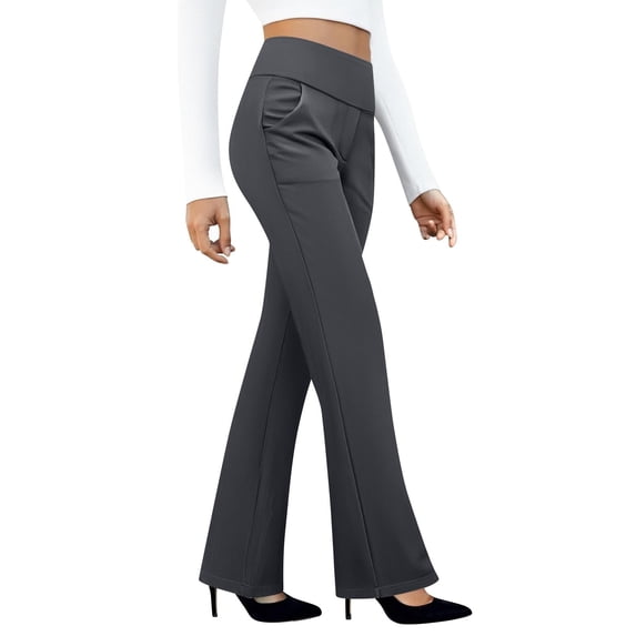 JUUNthy Womens Dress Pants, Straight Leg Flat Front Stretchy High Waist Business Works Trousers with Pockets Gray L