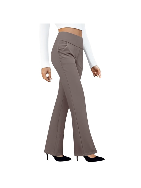Womens Dress Pants, Straight Leg Stretchy High Waist Flat Front Business Works Trousers with Pockets Coffee L