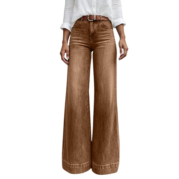 JUUNthy Womens Flare Jeans, High Waist Loose Casual Wide Leg Fashion Denim Trousers with Pockets Brown XL