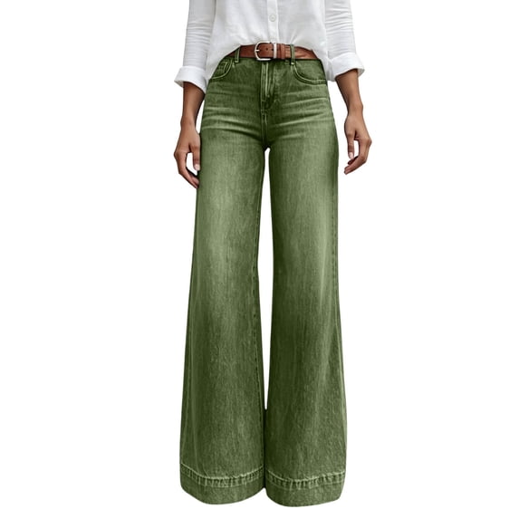 JUUNthy Womens Flare Jeans, Wide Leg High Waist Loose Casual Fashion Denim Trousers with Pockets Green S
