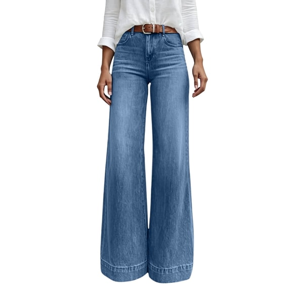 JUUNthy Womens Flare Jeans, Wide Leg Loose Casual High Waist Fashion Denim Trousers with Pockets Blue XL