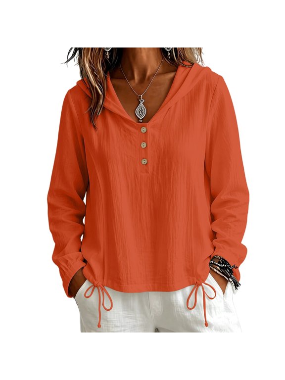 Womens Hooded Henley Blouse, Long Sleeve Drawstring Hem Loose Fit Casual Lightweight Pullover Tops Orange XL