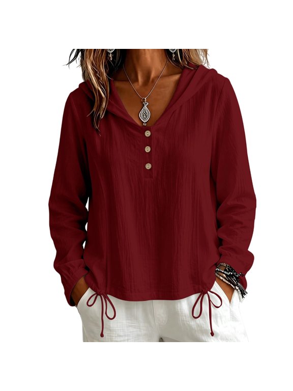 Womens Hooded Henley Blouse, Long Sleeve Loose Fit Drawstring Hem Casual Lightweight Pullover Tops Burgundy M