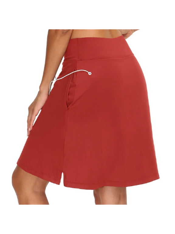 Womens Knee Length Skort, High Waist A-Line Casual with Pockets Tennis Golf Workout Skort Red XL