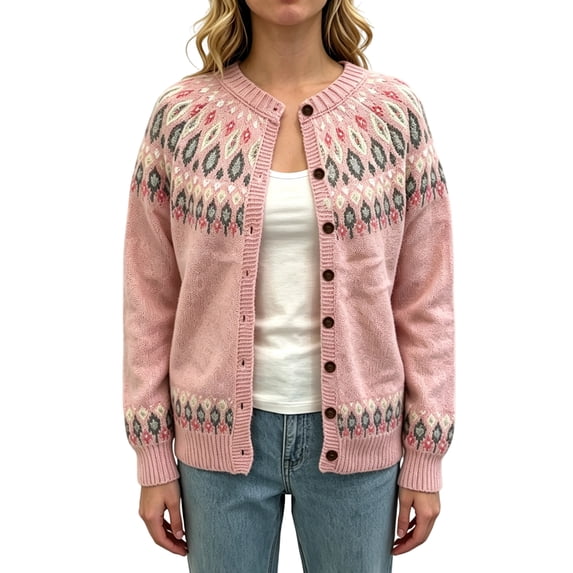 JUUNthy Womens Knit Cardigan, Vintage Graphic Long Sleeve Button Front Casual Fashion Sweater Outwear Pink 5XL