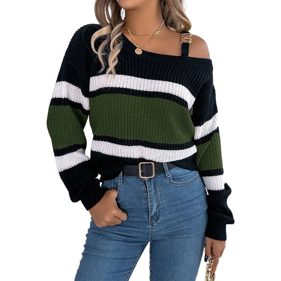 JUUNthy Womens Off Shoulder Sweater, Long Sleeve Pullover Casual Striped Knit Fashion Tops for Fall Daily Wear Army Green XL