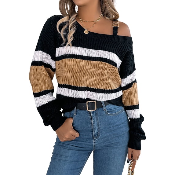 JUUNthy Womens Off Shoulder Sweater, Long Sleeve Striped Knit Pullover Casual Fashion Tops for Fall Daily Wear Khaki S