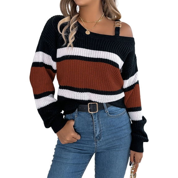 JUUNthy Womens Off Shoulder Sweater, Pullover Casual Striped Knit Long Sleeve Fashion Tops for Fall Daily Wear Brown S
