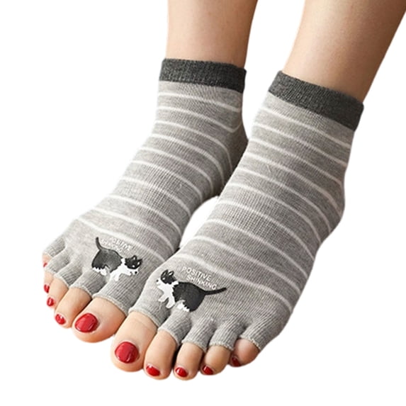 JUUNthy Womens Open Toe Socks, Cute Soft Crew Cut Cotton Comfort Five Finger Ankle Socks Gray