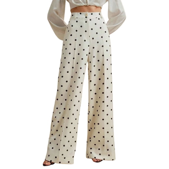 JUUNthy Womens Polka Dot Dress Pants, High Rise Flat Front Wide Leg Formal Office Daily Palazzo Trousers with Pockets Beige L