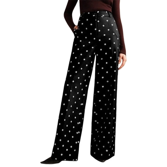 JUUNthy Womens Polka Dot Dress Pants, Wide Leg Flat Front High Rise Formal Office Daily Palazzo Trousers with Pockets Black M