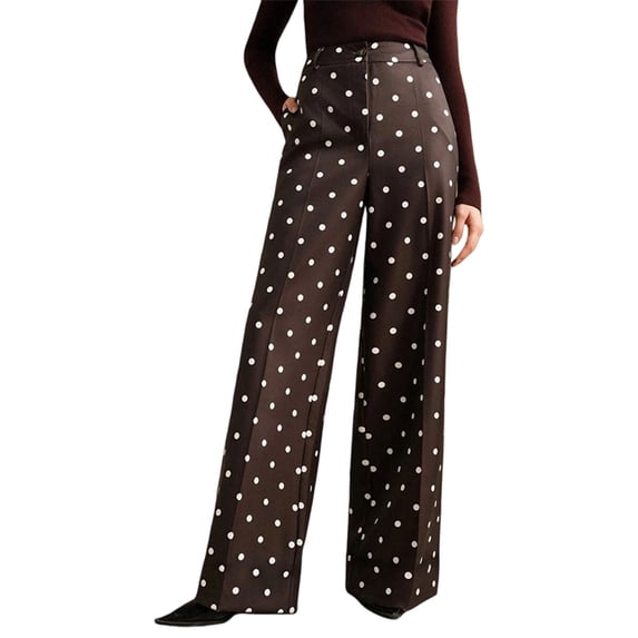 JUUNthy Womens Polka Dot Dress Pants, Wide Leg Flat Front High Rise Formal Office Daily Palazzo Trousers with Pockets Coffee S