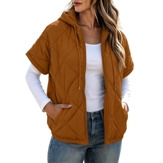 JUUNthy Womens Quilted Puffer Jacket, Hooded Short Sleeve Zip‑Up Casual Lightweight Outerwear Coat Yellow XL