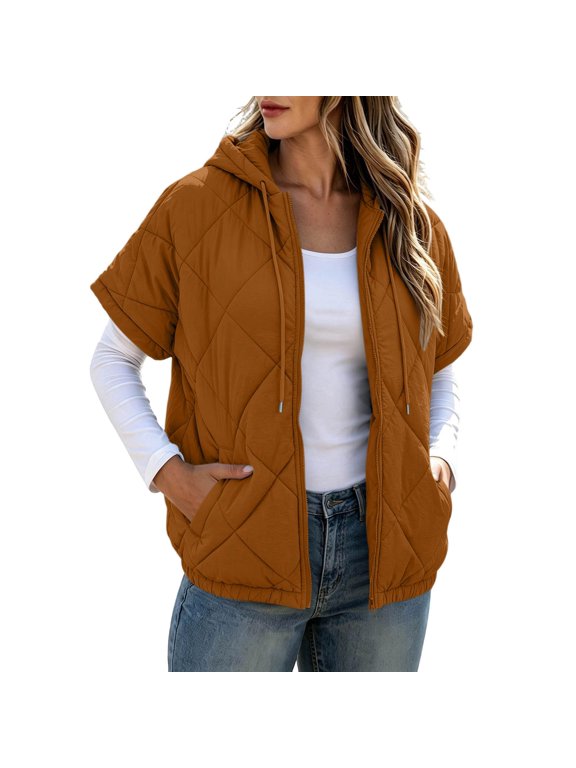 Womens Quilted Puffer Jacket, Hooded Short Sleeve Zip‑Up Casual Lightweight Outerwear Coat Yellow XL