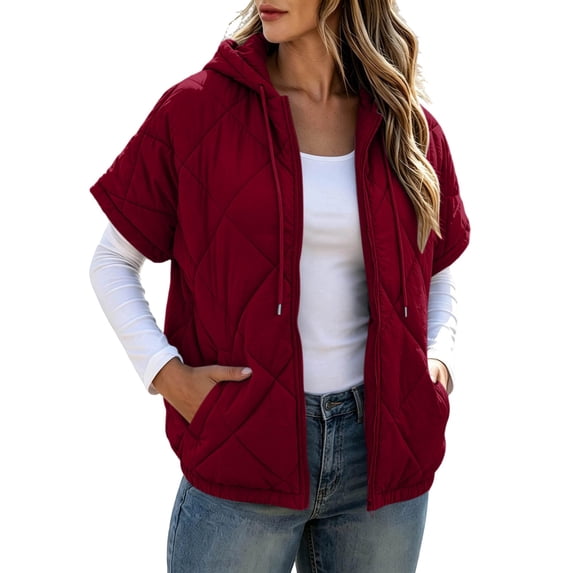 JUUNthy Womens Quilted Puffer Jacket, Short Sleeve Zip‑Up Hooded Casual Lightweight Outerwear Coat Red XL