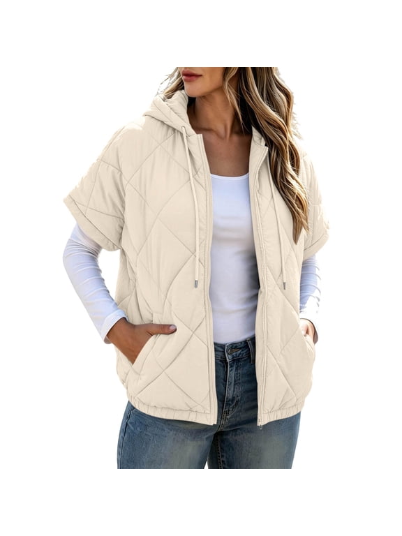 Womens Quilted Puffer Jacket, Zip‑Up Hooded Short Sleeve Casual Lightweight Outerwear Coat Beige L