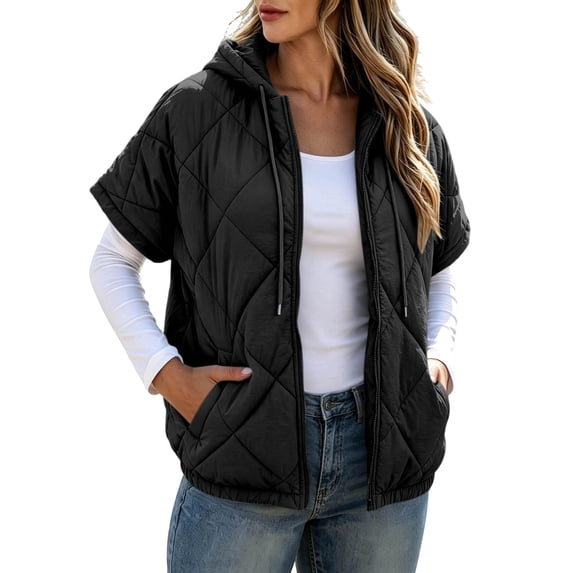 JUUNthy Womens Quilted Puffer Jacket, Zip‑Up Hooded Short Sleeve Casual Lightweight Outerwear Coat Black XL