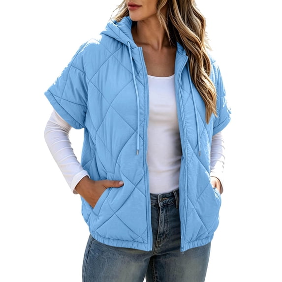 JUUNthy Womens Quilted Puffer Jacket, Zip‑Up Short Sleeve Hooded Casual Lightweight Outerwear Coat Blue 2XL