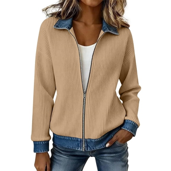 JUUNthy Womens Ribbed Knit Jacket, Long Sleeve Zip-Up Spliced Denim Collar & Cuff Casual Fashion Outerwear Khaki M