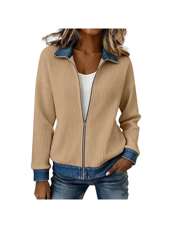 Womens Ribbed Knit Jacket, Long Sleeve Zip-Up Spliced Denim Collar & Cuff Casual Fashion Outerwear Khaki M