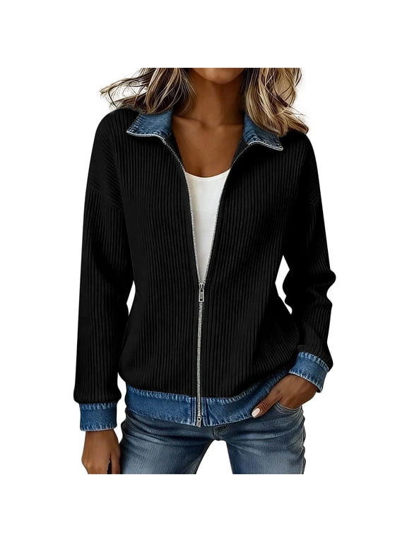 Womens Ribbed Knit Jacket, Spliced Denim Collar & Cuff Zip-Up Long Sleeve Casual Fashion Outerwear Black M