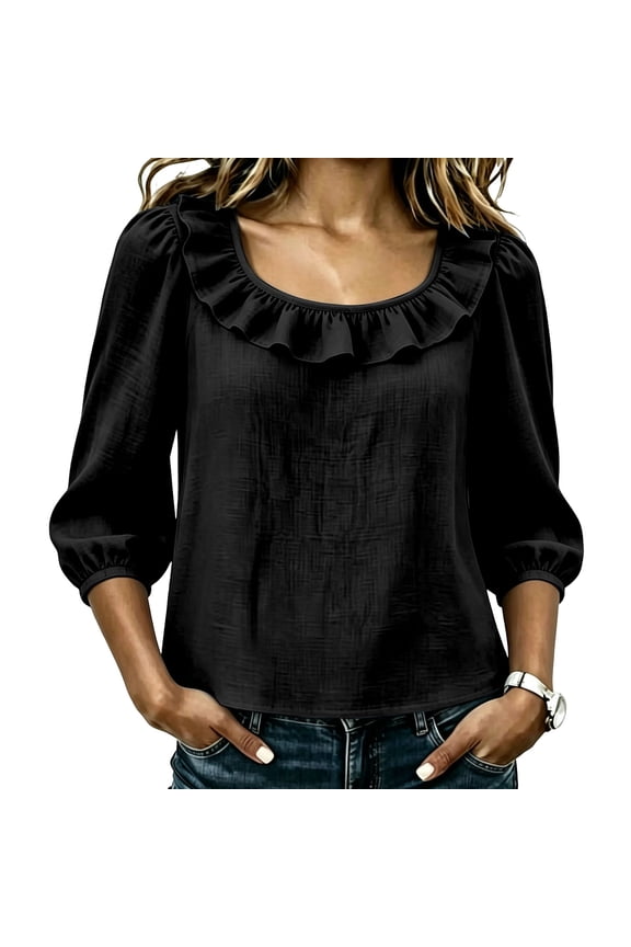 Womens Ruffle Blouse, 3/4 Puff Bubble Sleeve Lightweight Square Neck Boho Loose Fit Dressy Shirt Black L