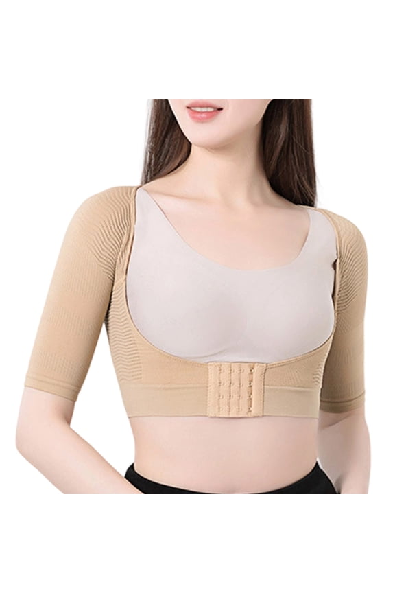 Womens Shapewear Tops, Open Bust Short Sleeve Seamless Stretchy Bulit-in Bra Push Up Shaper Beige XL
