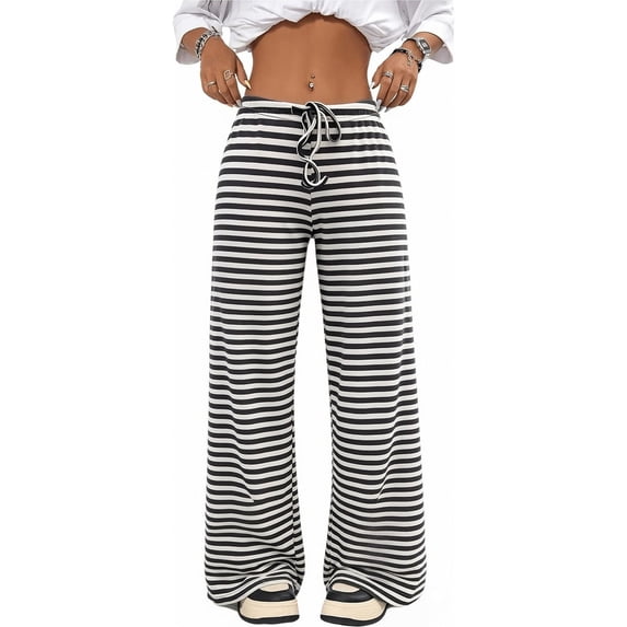 JUUNthy Womens Striped Lounge Pants, High Waist Stretchy Loose Fit Wide Leg Soft Casual Home Trousers Gray XL