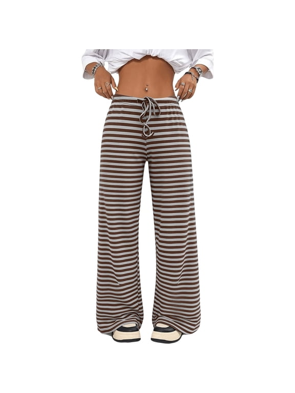 Womens Striped Lounge Pants, Wide Leg High Waist Stretchy Loose Fit Soft Casual Home Trousers Dark Brown S