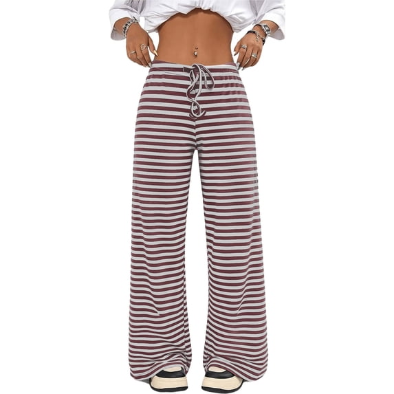 JUUNthy Womens Striped Lounge Pants, Wide Leg High Waist Stretchy Loose Fit Soft Casual Home Trousers Red XL