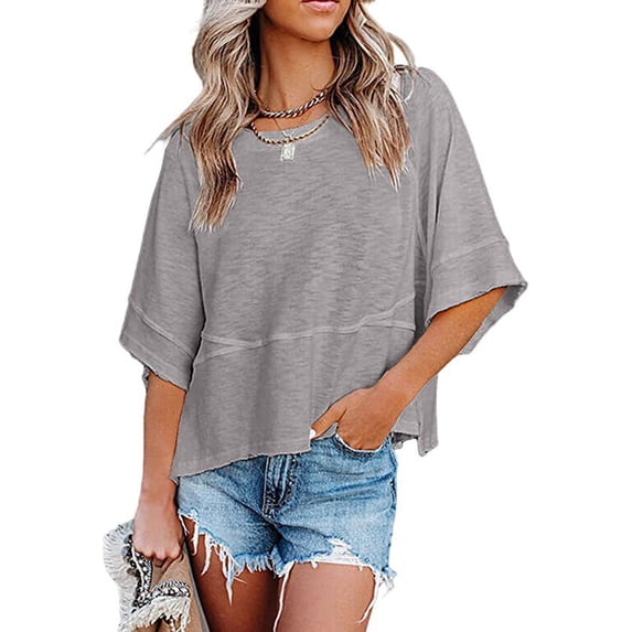 JUUNthy Womens Summer T-Shirt, Round Neck Loose Fit Short Sleeve Trendy Casual Blouse Gray S