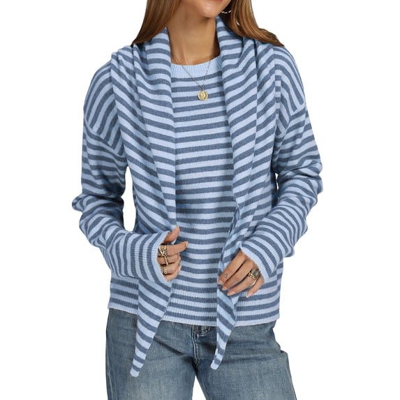 JUUNthy Womens Sweater with Matching Shawl, Soft Knitted Crewneck Long Sleeve Casual Pullover Sweater Tops Sky Blue S