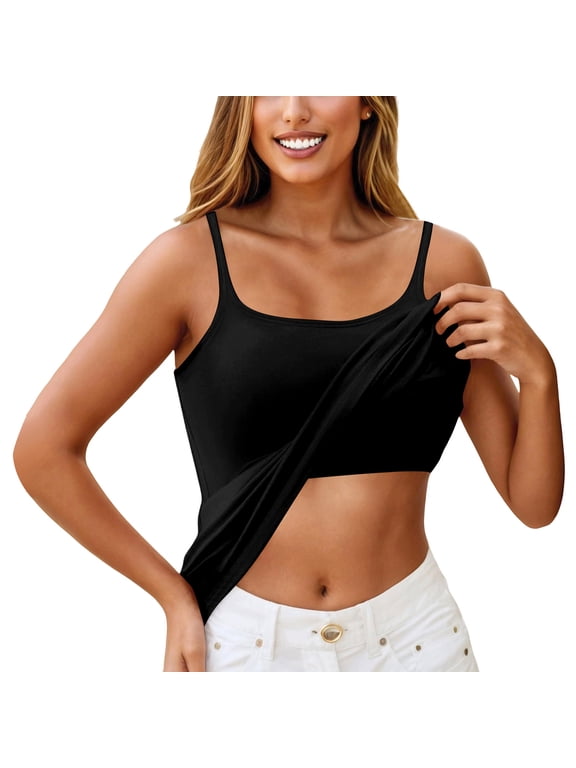 Womens Tank Tops with Built in Bra, Soft Comfort Stretch Spaghetti Strap Casual Basic Camisole Undershirts Black L