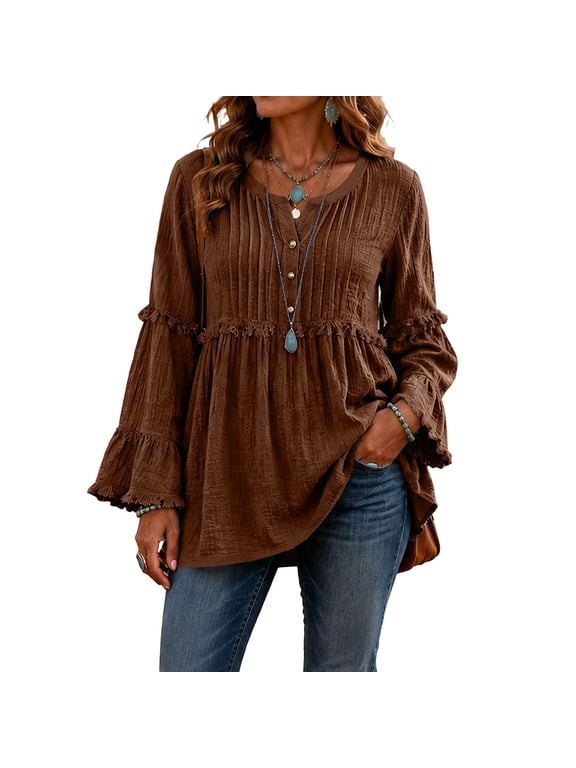 Womens Tunic Shirt, Ruffle Flare Long Sleeve Crewneck with Button Front Flowy Pleated Babydoll Blouse Brown XL