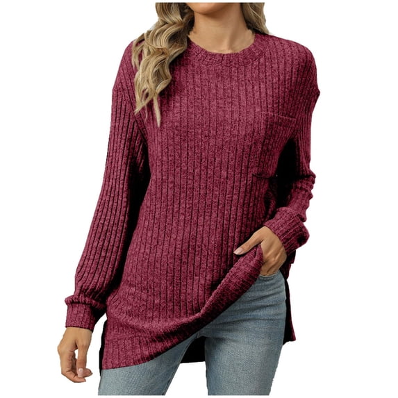 JUUNthy Womens Tunic Sweater, Loose Fit Long Sleeve Crewneck Fall Casual Pullover Ribbed Knit Tops Burgundy L