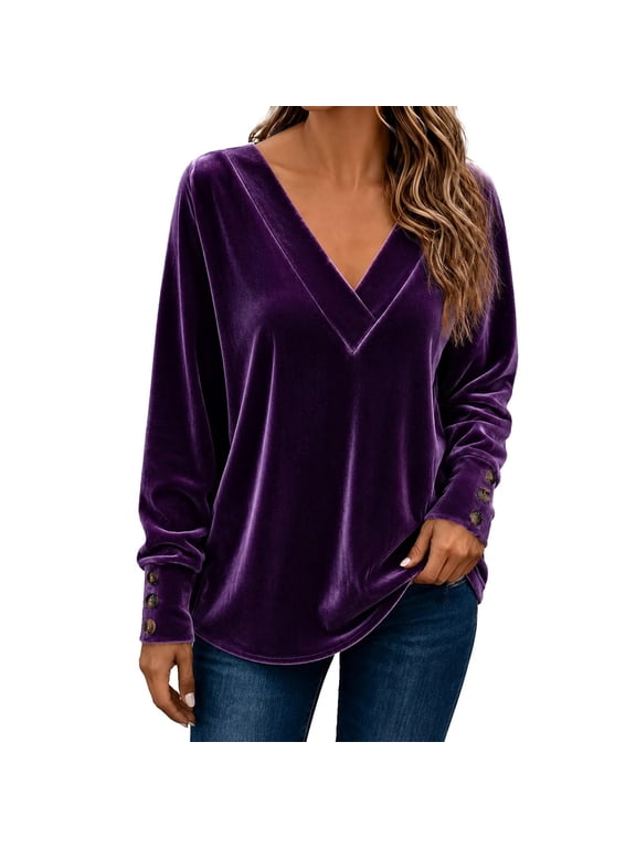 Womens Velvet Long Sleeve Blouse, V Neck Loose Fit Tunic Tops with Decorative Buttons on Cuffs Casual Dressy Shirts for Fall Winter Purple XL