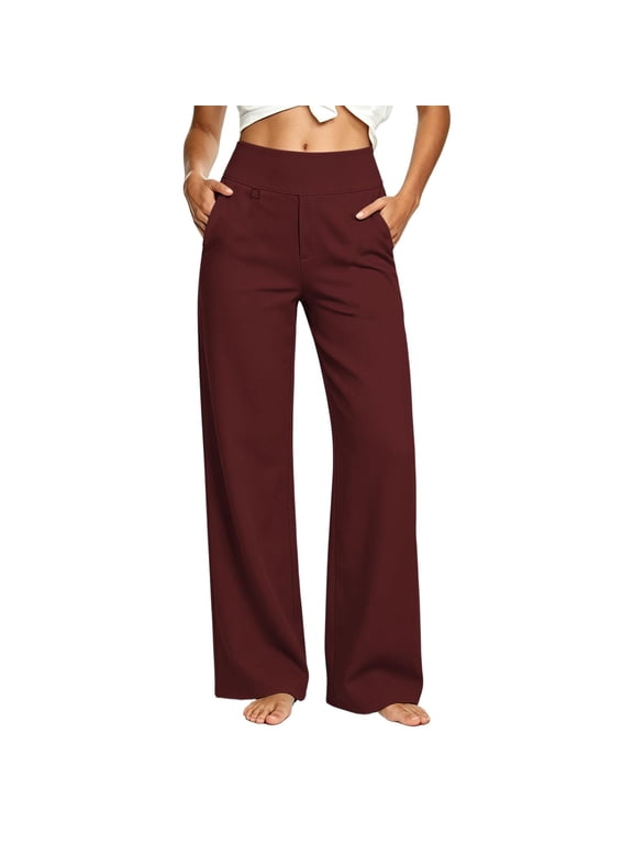 Womens Wide Leg Dress Pants, with Pockets Stretch Loose Fit Hight Waist Casual Business Trousers Red M